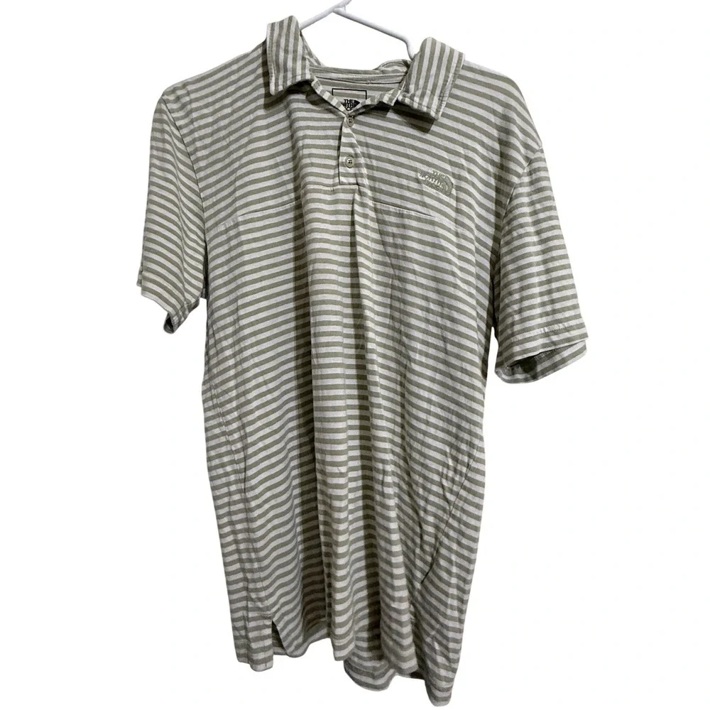 The North Face Mens Striped Polo Shirt Sage Green White Cotton Lyocell Size M